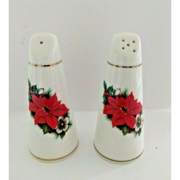 Warwick England Fine Bone China Salt & Pepper Shakers - Pointsettia Pattern - Picture 1 of 12